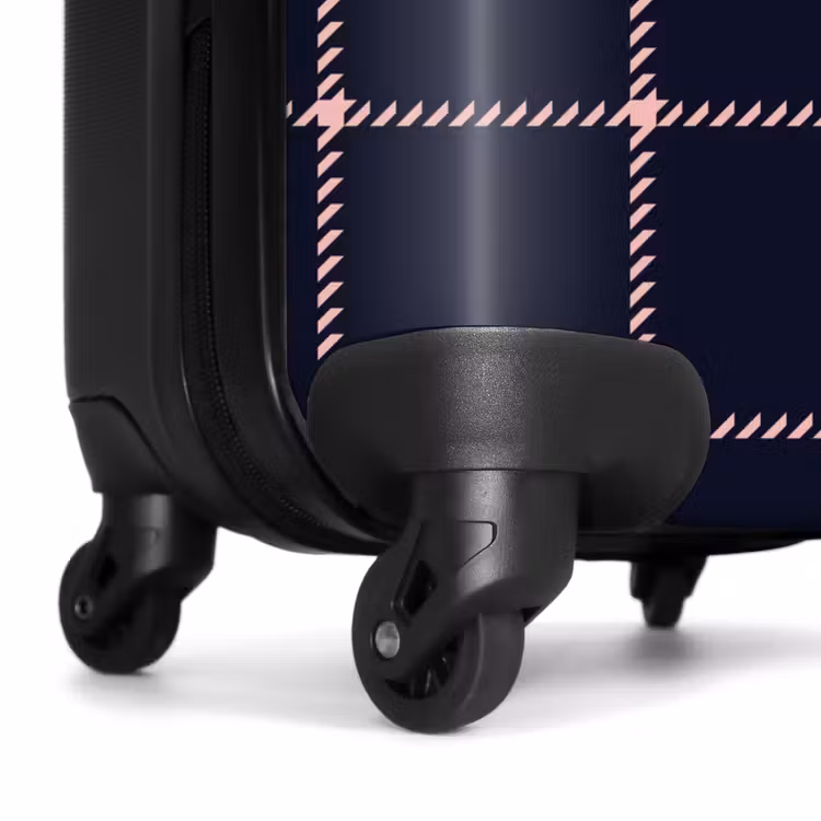 Donkerblauw ruitpatroon met roze visgraatlijnen NBS - Handbagage koffer - Kinderen Unisex middel -wiel