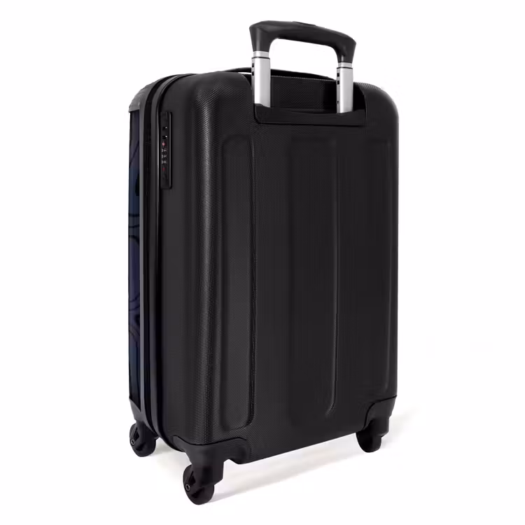 Donkerblauwe achtergrond met abstracte zwarte lijnen NBS - Handbagage koffer - Unisex middel -achterkant