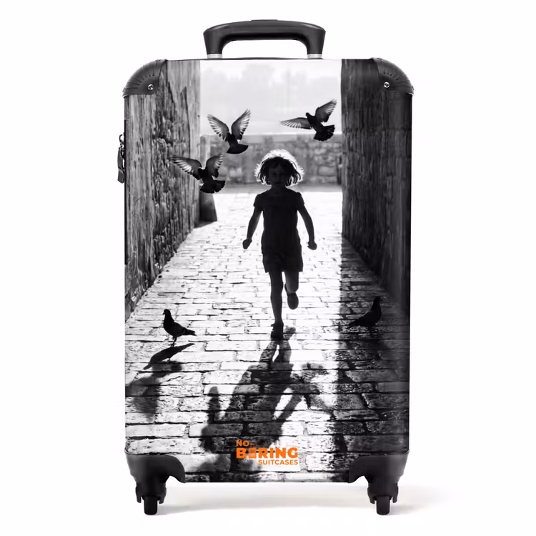 Koffer - Kind - Vogel - Straat - Zwart-wit - Spelen - Kind - Vogel - Straat - Zwart-wit - Spelen NBS - Handbagage koffer - Volwassenen Unisex middel