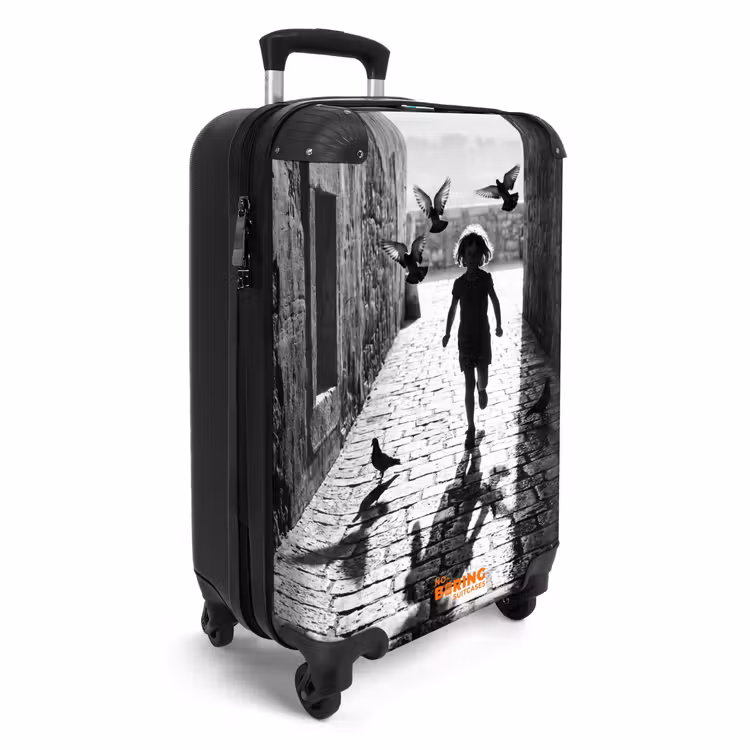 Koffer - Kind - Vogel - Straat - Zwart-wit - Spelen - Kind - Vogel - Straat - Zwart-wit - Spelen NBS - Handbagage koffer - Volwassenen Unisex middel