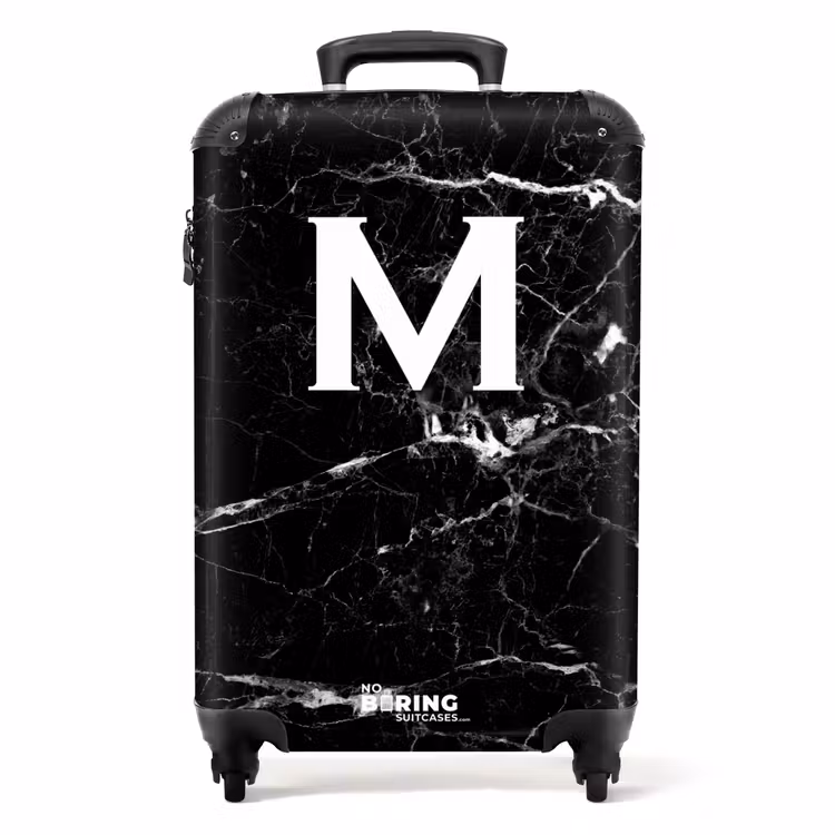 Letter M - Marmer print - Zwart - Luxe NBS - Handbagage koffer - Unisex middel -productfoto_recht
