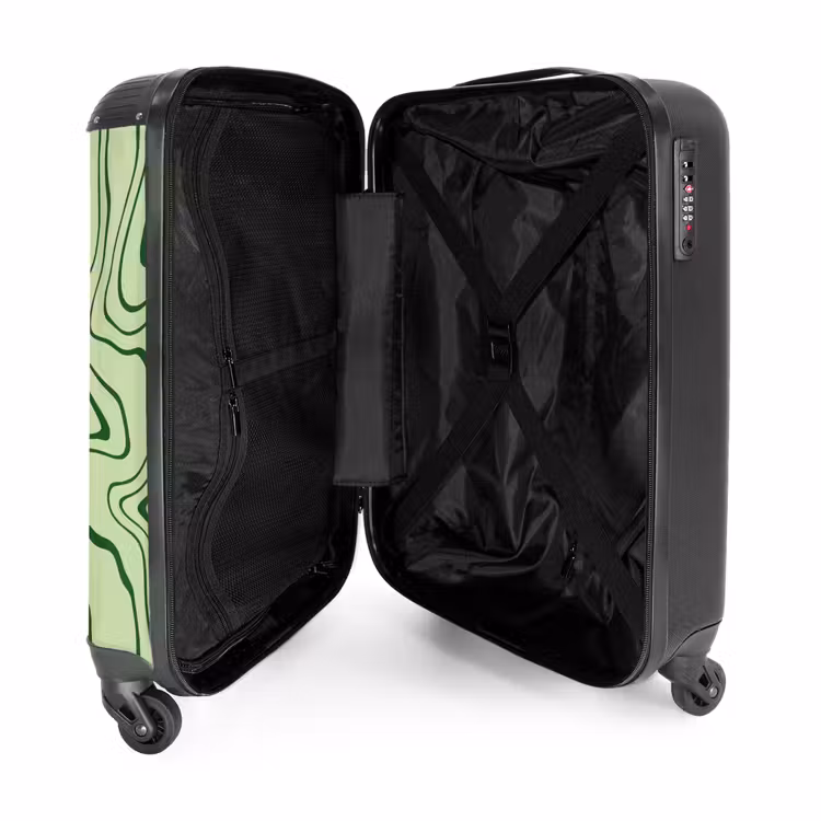 Lichtgroene achtergrond met abstracte donkergroene lijnen NBS - Handbagage koffer - Unisex middel -binnenkant