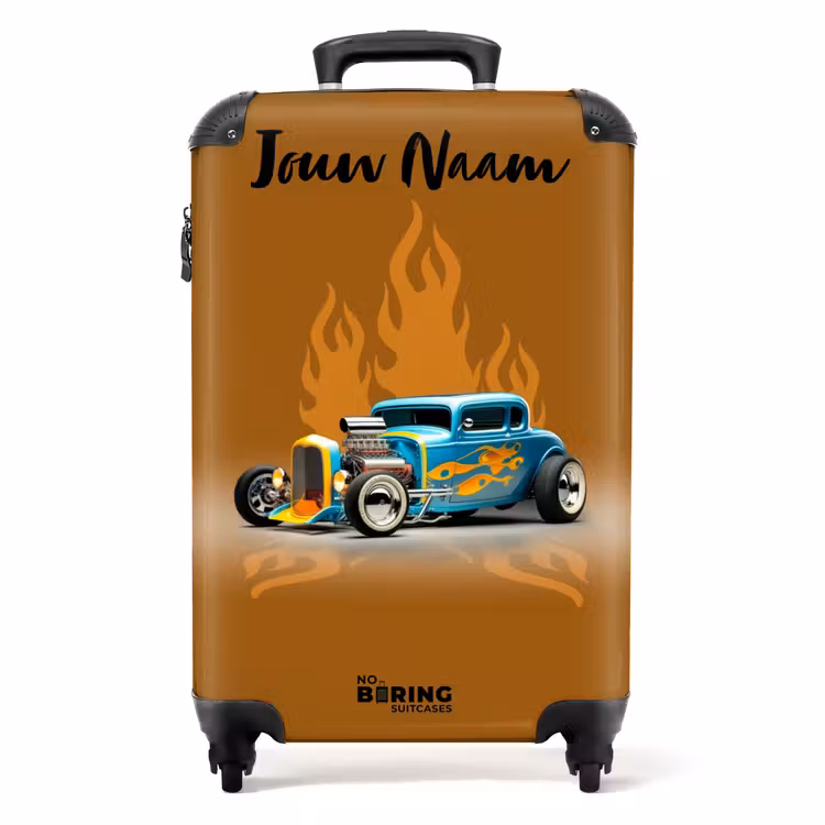 Blauwe auto met gele vlammen NBS - Handbagage koffer - Kinderen Unisex middel -productfoto_recht