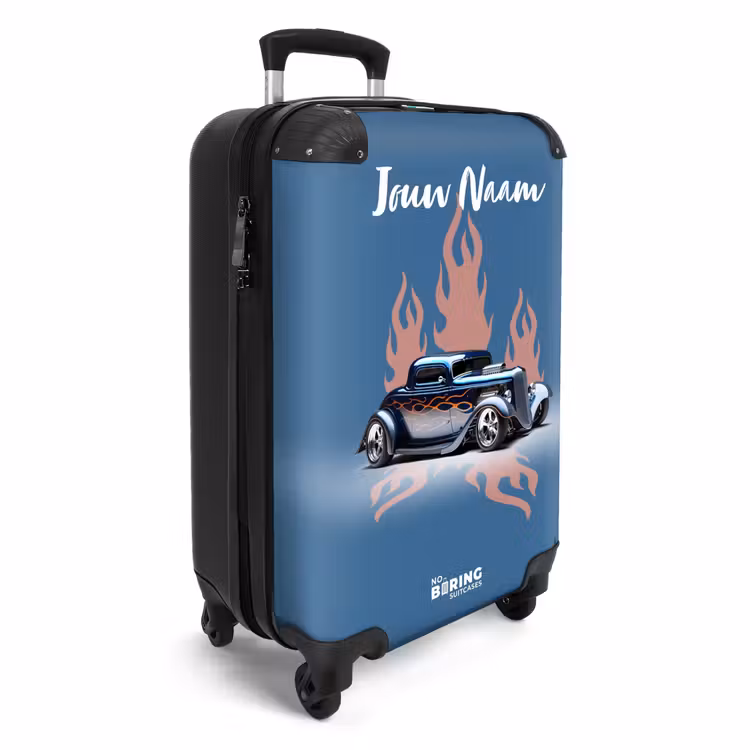 Blauwe auto met roze vlammen NBS - Handbagage koffer - Kinderen Unisex middel -productfoto_3d