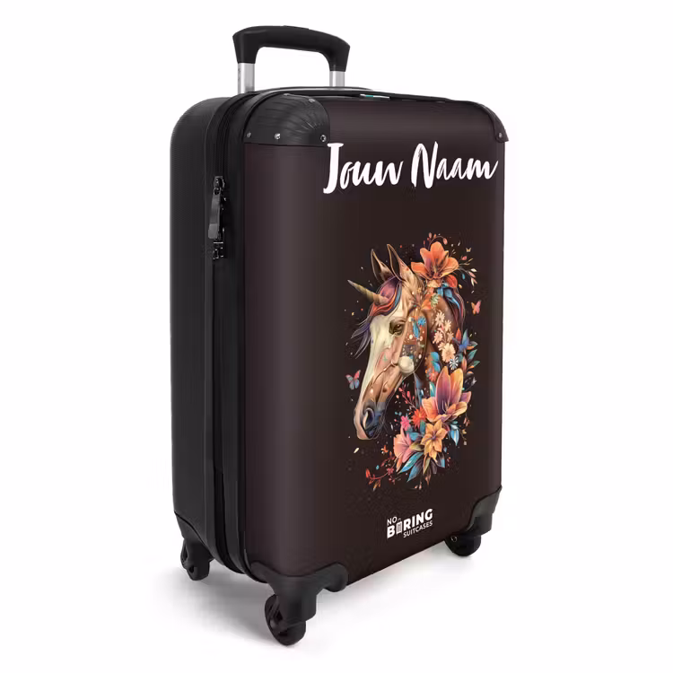 Eenhoorn en Bloemen op Zwarte Achtergrond NBS - Handbagage koffer - Kinderen Unisex middel -productfoto_3d
