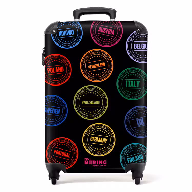 Koffer - Neon - Landen - Zwart - Stempels - Neon - Landen - Zwart - Stempels NBS - Handbagage koffer - Volwassenen Unisex middel