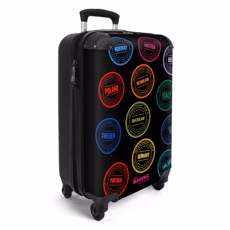 Koffer - Neon - Landen - Zwart - Stempels - Neon - Landen - Zwart - Stempels NBS - Handbagage koffer - Volwassenen Unisex middel