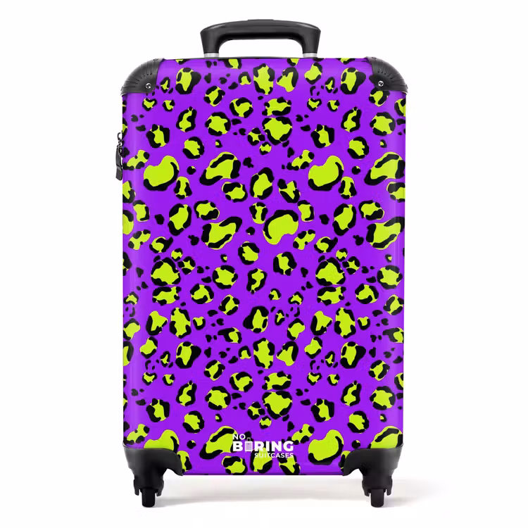 Panterprint in limoengroen op paarse achtergrond NBS - Handbagage koffer - Volwassenen Unisex middel -productfoto_recht