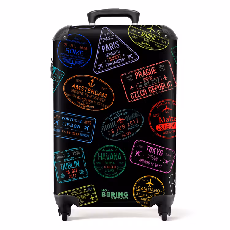 Koffer - Paspoortstempels - Kleurrijk - Zwart - Paspoortstempels - Kleurrijk - Zwart NBS - Handbagage koffer - Volwassenen Unisex middel