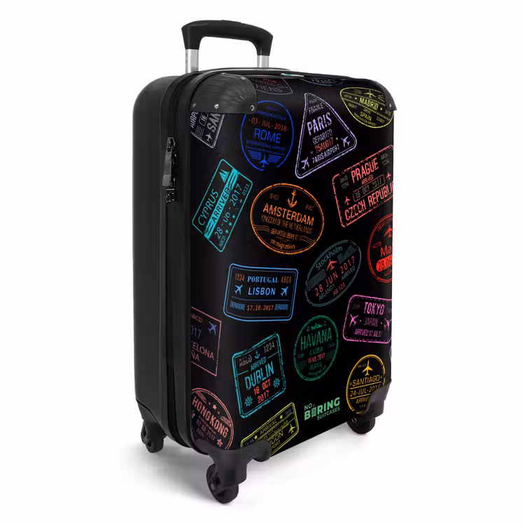 Koffer - Paspoortstempels - Kleurrijk - Zwart - Paspoortstempels - Kleurrijk - Zwart NBS - Handbagage koffer - Volwassenen Unisex middel