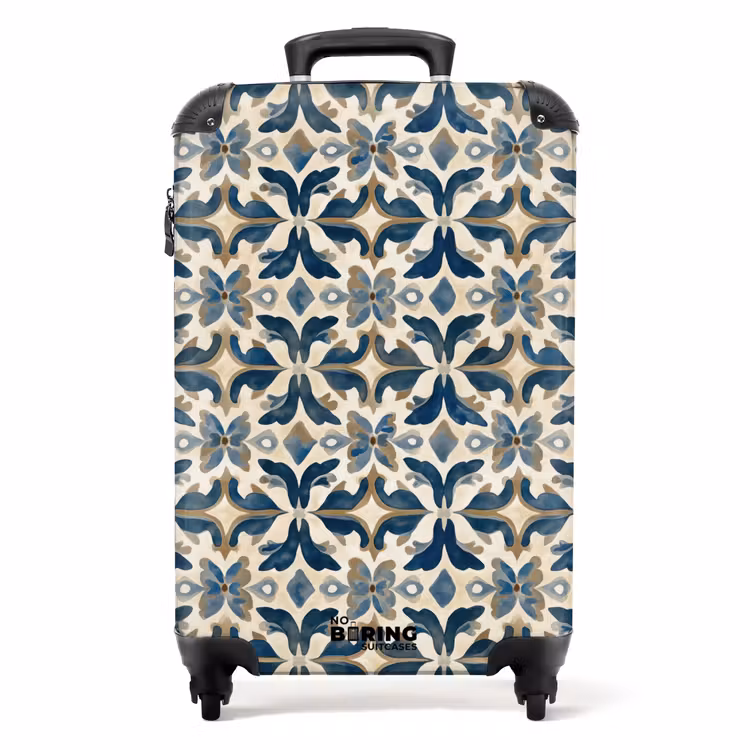 Tegel - Patroon - Blauw - Beige NBS - Handbagage koffer - Volwassenen Unisex middel -productfoto_recht