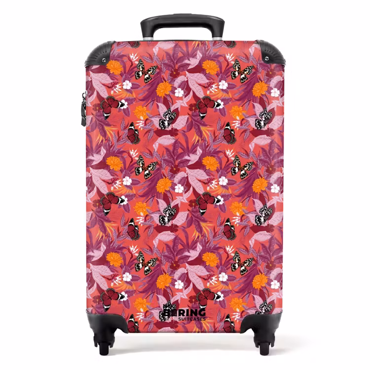 Tropisch vlinder patroon donker roze NBS - Handbagage koffer - Kinderen Unisex middel -productfoto_recht