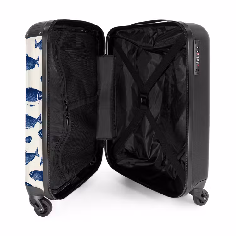 Vissen - Patroon - Blauw - Wit NBS - Handbagage koffer - Volwassenen Unisex middel -binnenkant