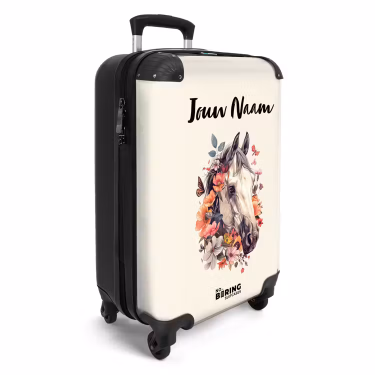 Wit paardenhoofd omringd door bloemen en vlinders NBS - Handbagage koffer - Kinderen Unisex middel -productfoto_3d