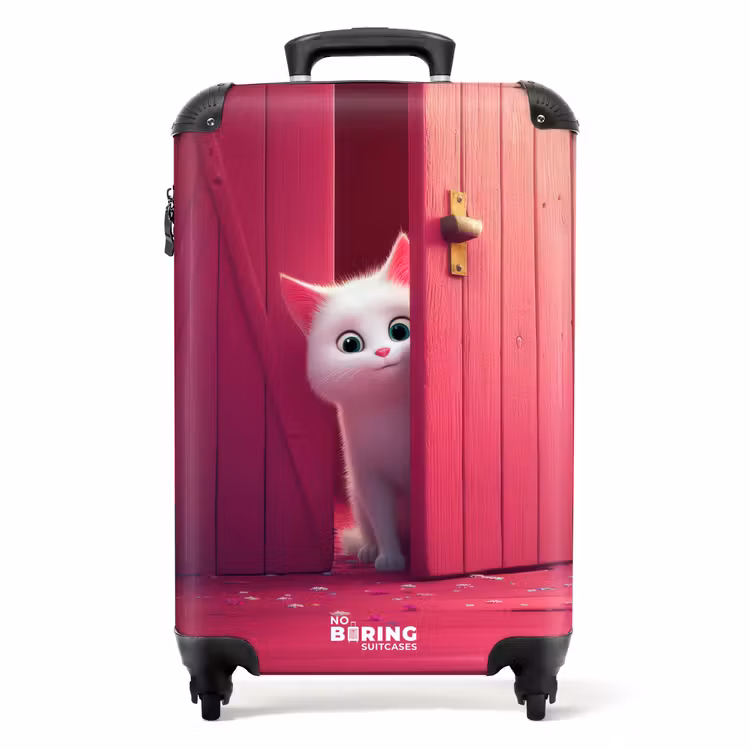 Witte kat gluurt door roze deur NBS - Handbagage koffer - Kinderen Unisex middel -productfoto_recht