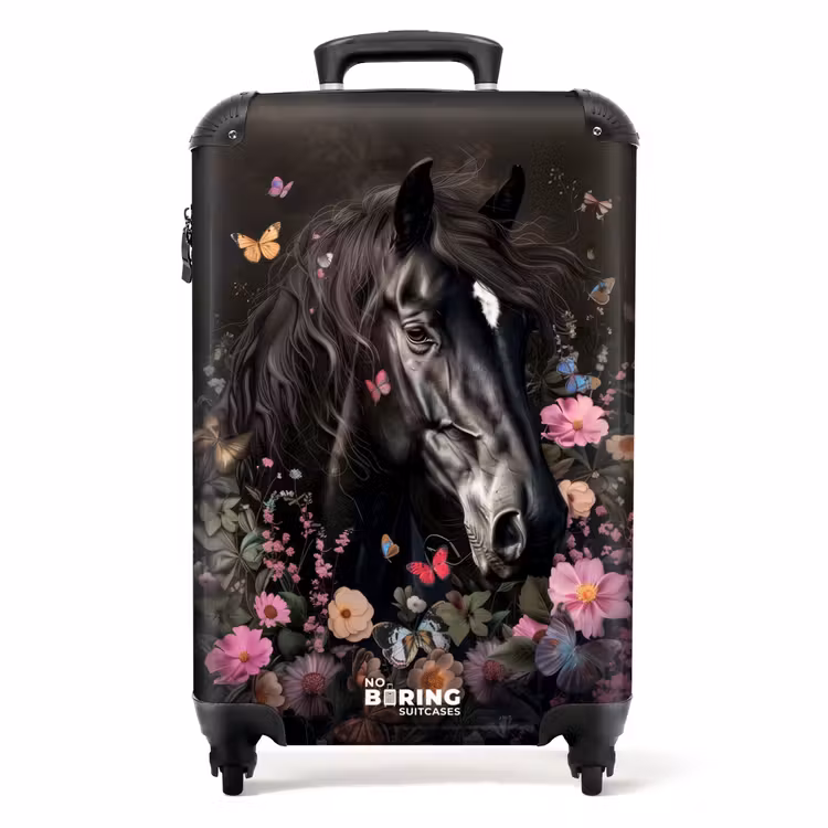 Zwart paard met witte bles en kleurrijke bloemen Koffer - NBS - Handbagage middel -productfoto_recht