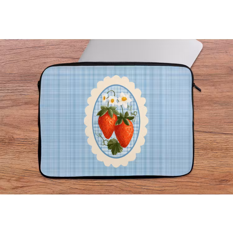 Aardbeien - Lijst - Rood - Geruit laptophoes neopreen klein -tafel