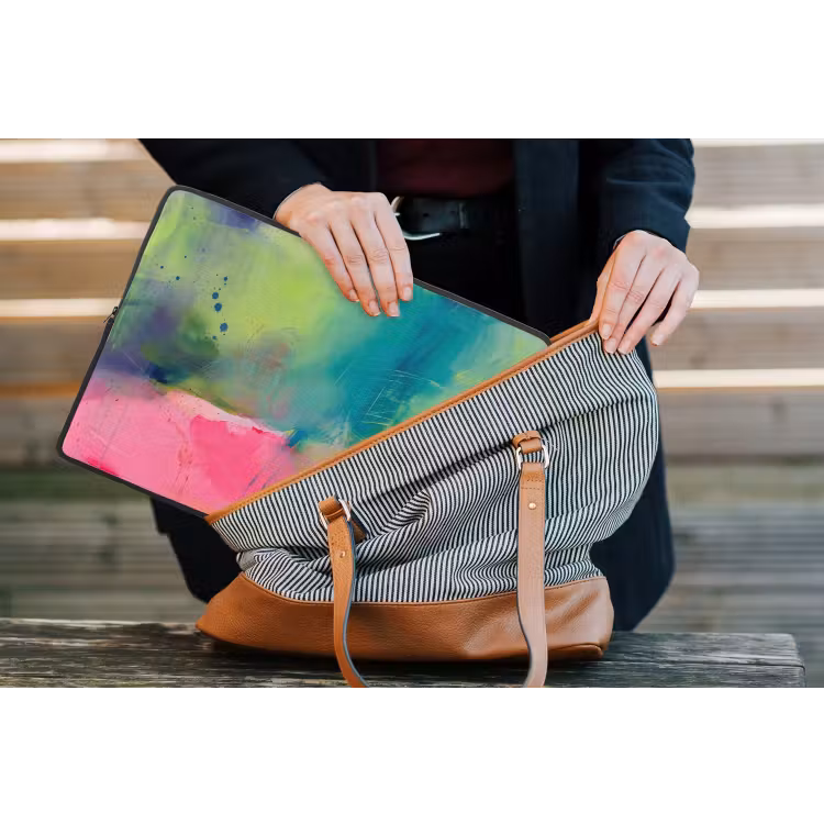 Abstract - Kleuren - Modern - Groen - Roze laptophoes neopreen klein -tas