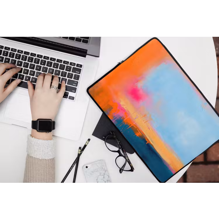 Abstract - Kleurvlakken - Modern - Oranje - Blauw laptophoes neopreen klein -bureau