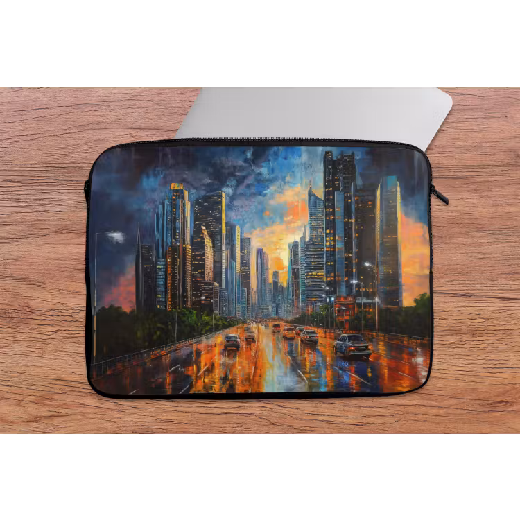 Auto - Skyline - Zon - Blauw laptophoes neopreen klein -tafel