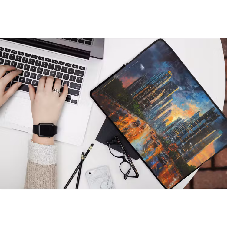 Auto - Skyline - Zon - Blauw laptophoes neopreen klein -bureau