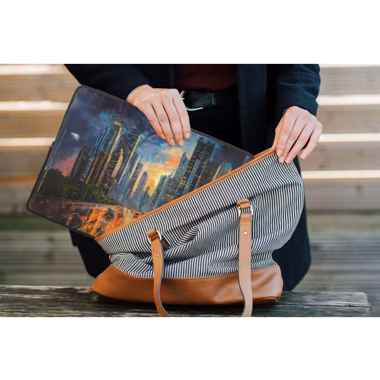 Auto - Skyline - Zon - Blauw laptophoes neopreen klein -tas