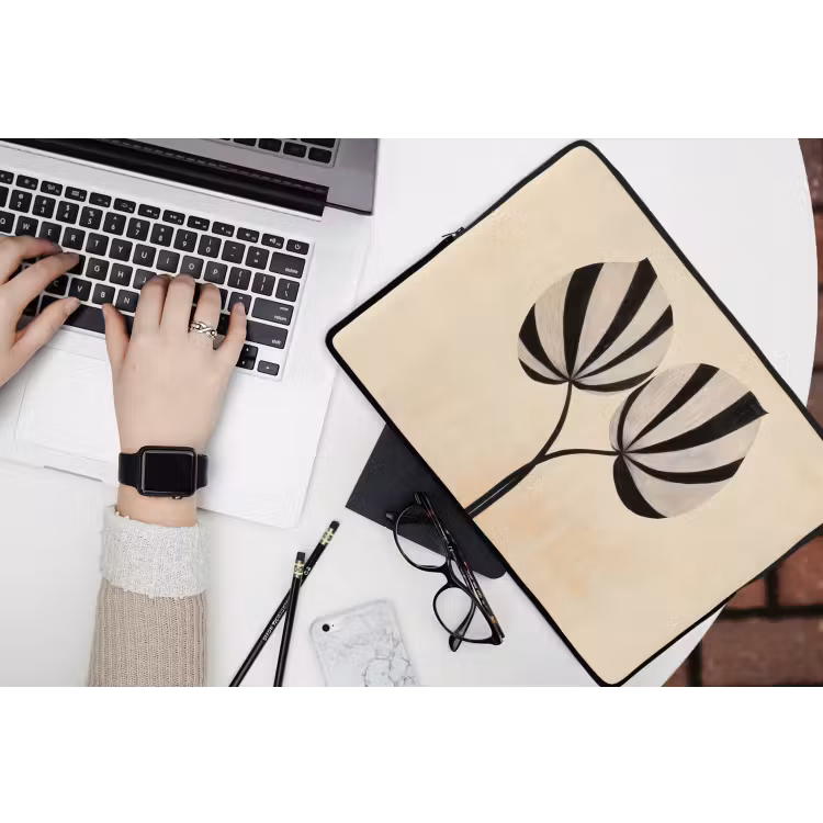 Bladeren - Gestreept - Stengel - Beige laptophoes neopreen klein -bureau