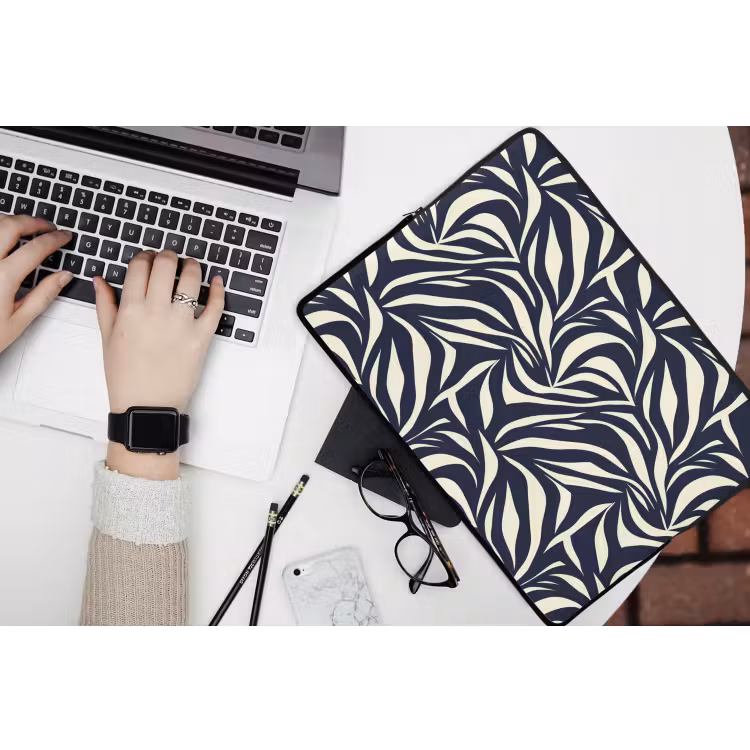 Bladvormen - Blauw - Patroon - Wit laptophoes neopreen klein 279 -bureau