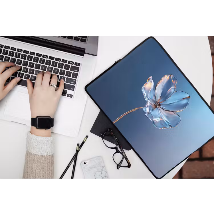 Blauw - Bloem - Glazen - Sierlijk laptophoes neopreen klein -bureau