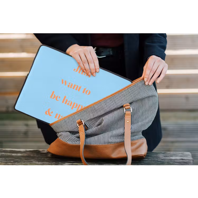 Blauw - Oranje - Just want to be happy & naked laptophoes neopreen klein -tas