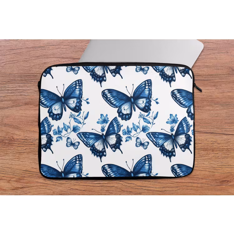 Blauw - Vlinders - Bloemen - Wit laptophoes neopreen klein 279 -tafel