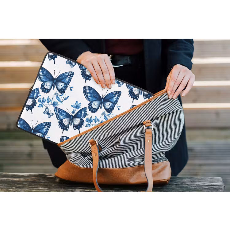 Blauw - Vlinders - Bloemen - Wit laptophoes neopreen klein 279 -tas