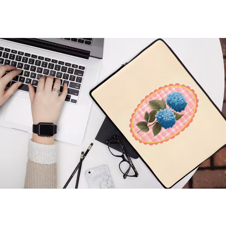 Bloemen - Blauw - Lijst - Bladeren laptophoes neopreen klein -bureau