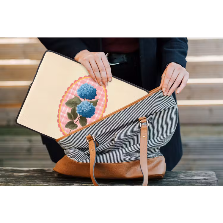 Bloemen - Blauw - Lijst - Bladeren laptophoes neopreen klein -tas
