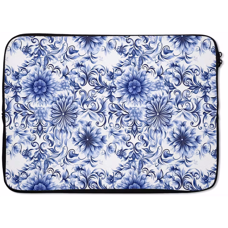 Bloemen - Blauw - Patroon - Wit laptophoes neopreen klein 279 -zkaufland3dotto