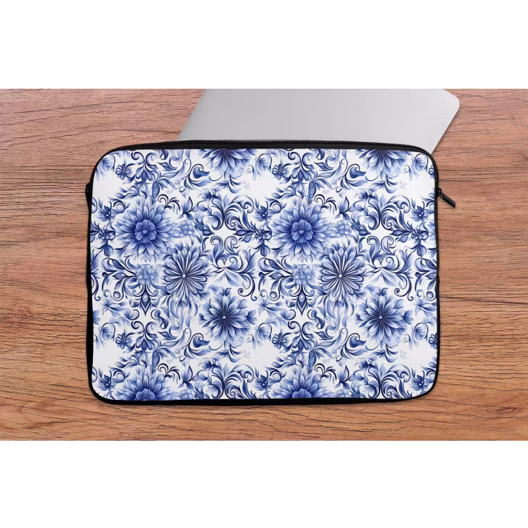 Bloemen - Blauw - Patroon - Wit laptophoes neopreen klein 279 -tafel