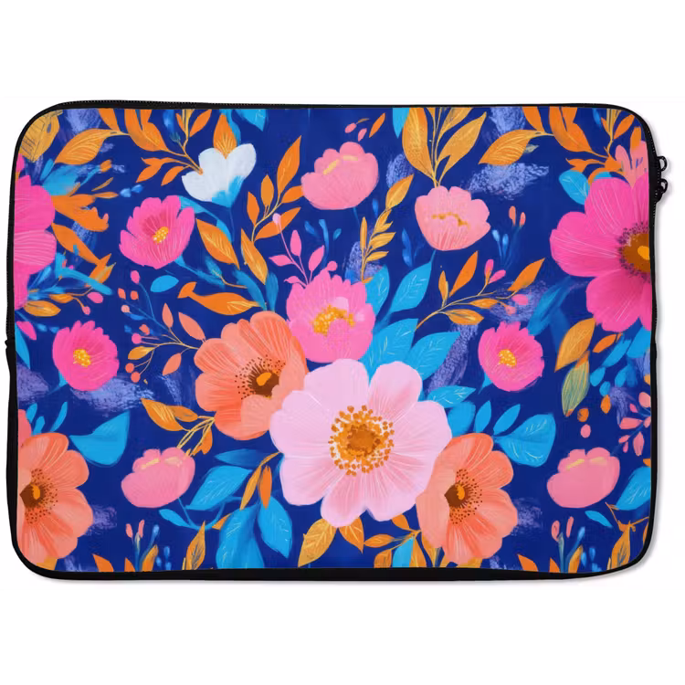 Bloemen - Blauw - Roze laptophoes neopreen klein -zkaufland3dotto