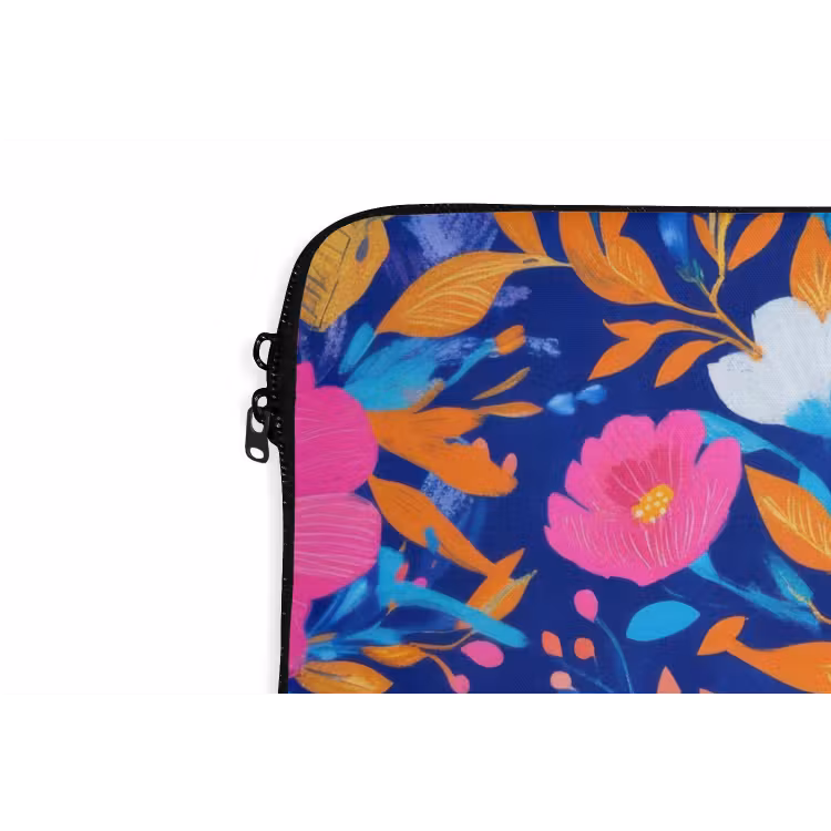 Bloemen - Blauw - Roze laptophoes neopreen klein -detail