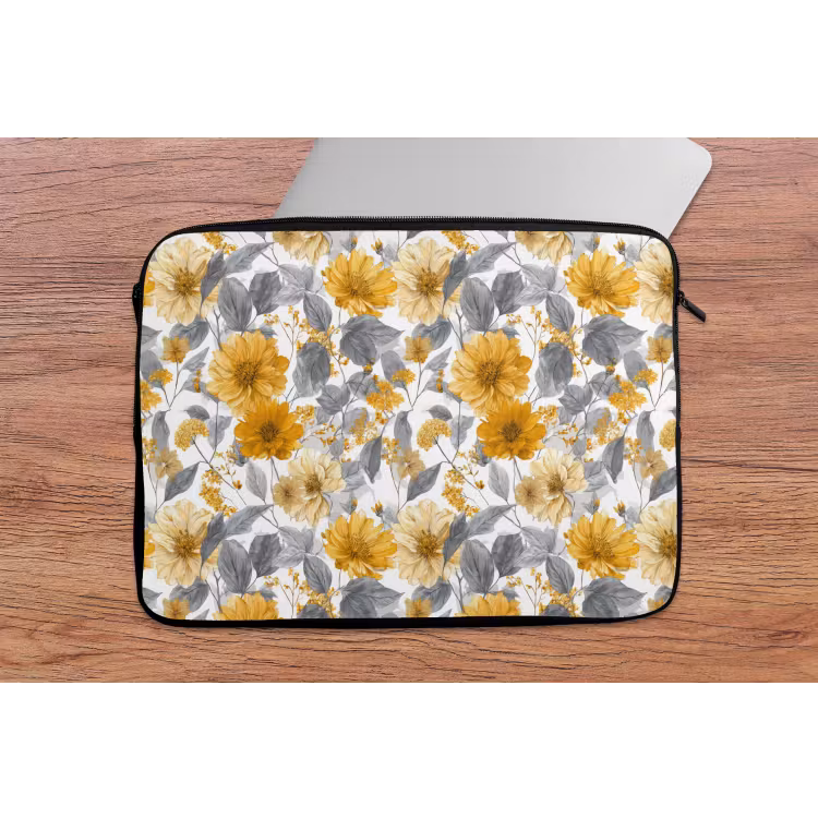 Bloemen - Botanisch - Elegant - Okergeel - Grijs laptophoes neopreen klein 279 -tafel