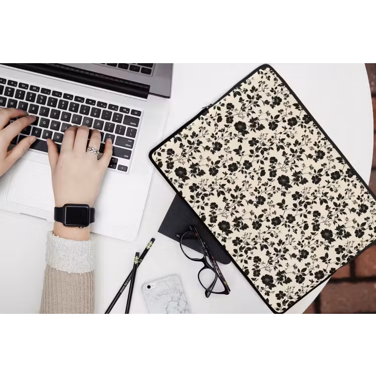 Bloemen - Dessin - Zwart laptophoes neopreen klein 279 -bureau