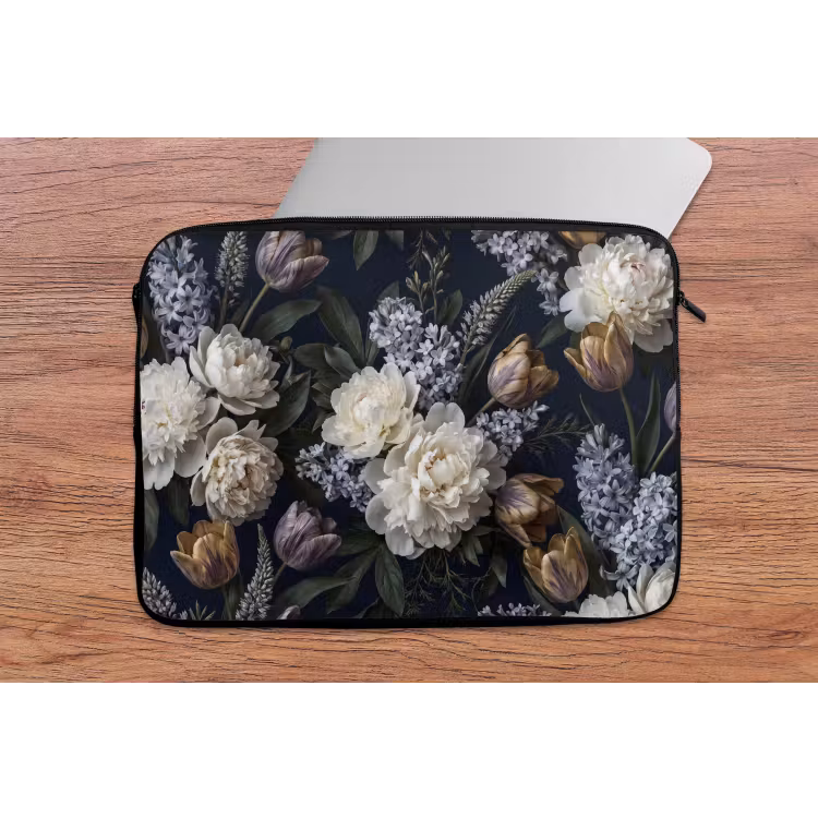 Bloemen - Donker - Elegant - Natuur - Wit laptophoes neopreen klein -tafel