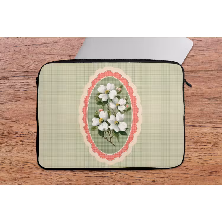 Bloemen - Illustratie - Geruit - Groen laptophoes neopreen klein -tafel