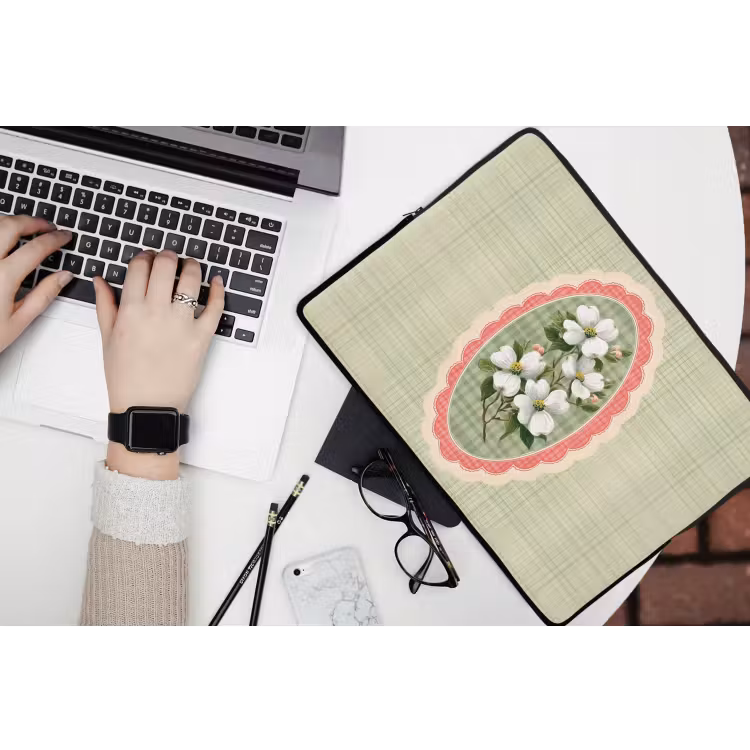 Bloemen - Illustratie - Geruit - Groen laptophoes neopreen klein -bureau