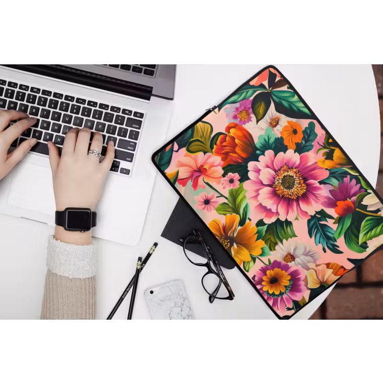 Bloemen - Kleurrijk - Roze laptophoes neopreen klein -bureau