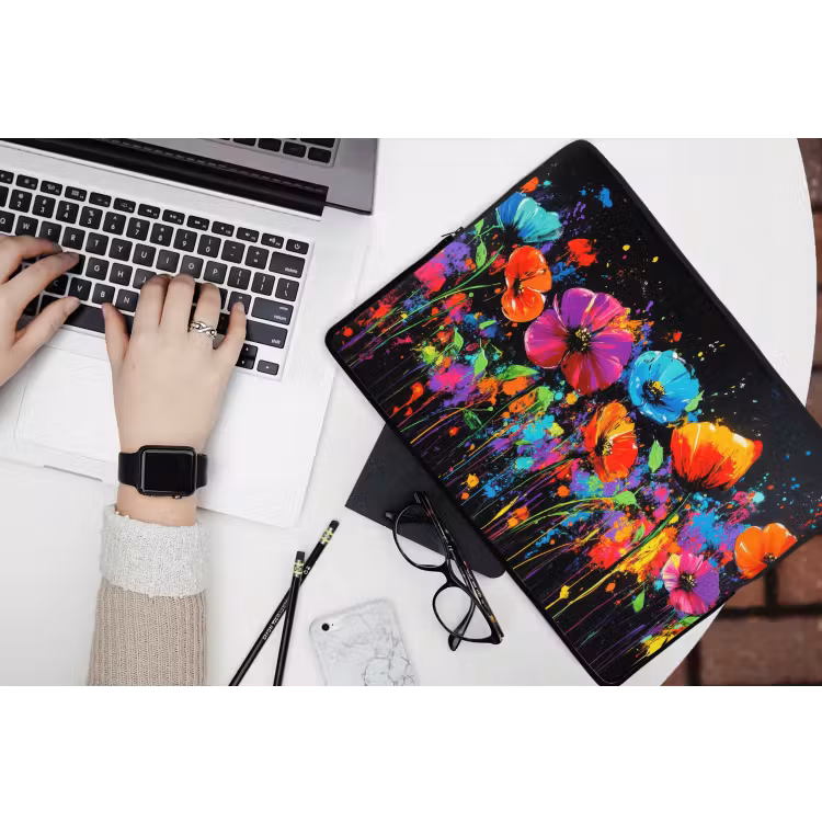 Bloemen - Kleurrijk - Spetters laptophoes neopreen klein -bureau