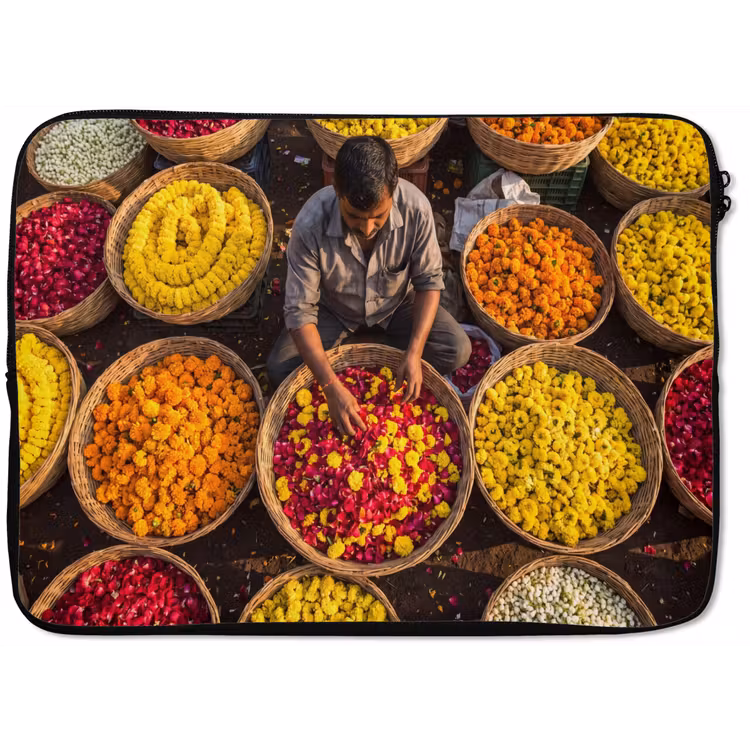 Laptophoes Bloemen - Markt - Kleurrijk - Bloemen - Markt - Kleurrijk laptophoes neopreen klein
