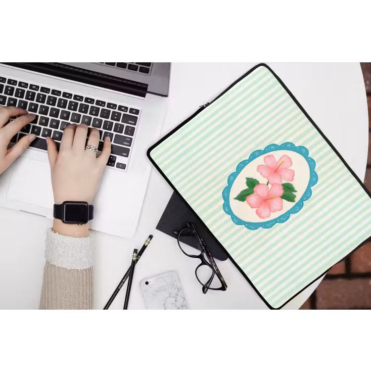 Bloemen - Ovaal - Strepen - Groen laptophoes neopreen klein -bureau