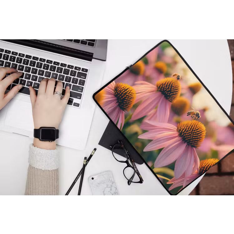 Bloemen - Paars - Bijen laptophoes neopreen klein -bureau