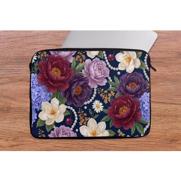 Bloemen - Parels - Decoratie - Modern - Blauw laptophoes neopreen klein -tafel