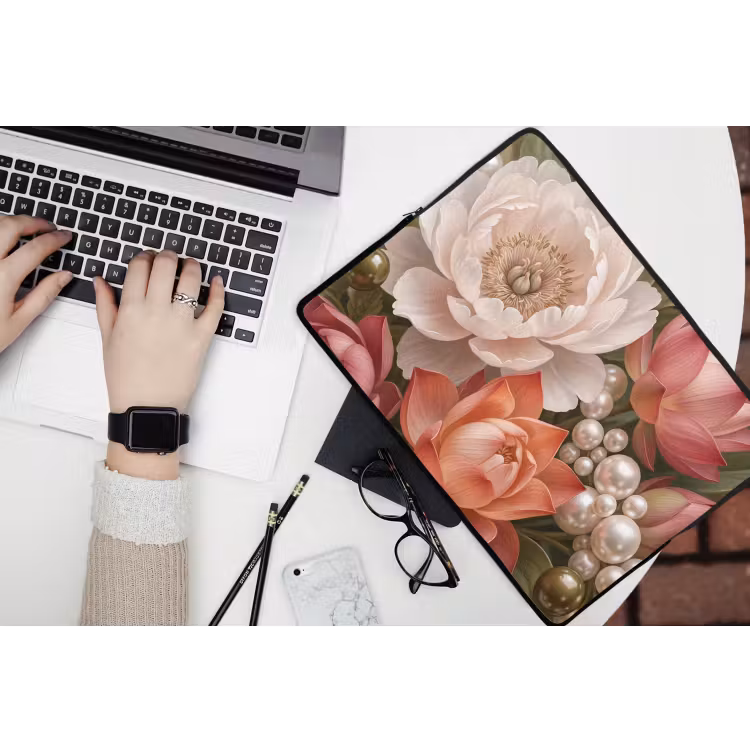 Bloemen - Parels - Elegant - Roze - Wit laptophoes neopreen klein -bureau
